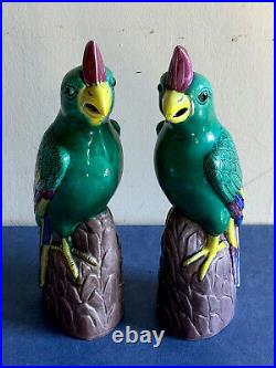 ANTIQUE CHINESE PORCELAIN SET Of 2 GREEN GLAZED PARROT FIGURE 19TH C