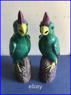 ANTIQUE CHINESE PORCELAIN SET Of 2 GREEN GLAZED PARROT FIGURE 19TH C