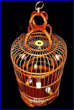 ANTIQUE CHINESE WOOD BAMBOO CARVED & PORCELAIN DISHES BIRD CAGE WithHOOK
