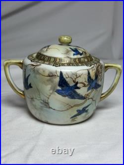 ANTIQUE Hand Painted Japan Fine Porcelain Blue Bird Landscape Bowl with Lid RARE
