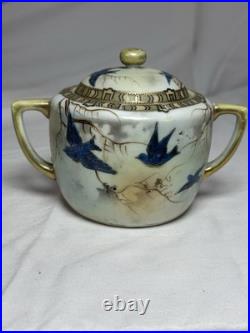 ANTIQUE Hand Painted Japan Fine Porcelain Blue Bird Landscape Bowl with Lid RARE