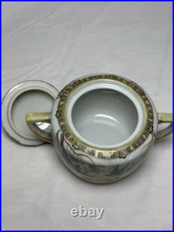 ANTIQUE Hand Painted Japan Fine Porcelain Blue Bird Landscape Bowl with Lid RARE