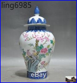 A China Pastel Porcelain Hand Painted Flower Bird statue Zun Bottle Pot Vase Jar