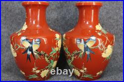 A Pair Chinese Pastel Porcelain HandPainted Exquisite Flower&Bird Vase 21372