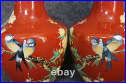 A Pair Chinese Pastel Porcelain HandPainted Exquisite Flower&Bird Vase 21372