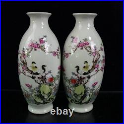 A Pair Chinese Pastel Porcelain HandPainted Exquisite Flowers&Birds Vase 20801