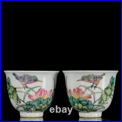 A Pair Chinese Pastel Porcelain Hand Painted Exquisite Flower and Bird Cups 2162