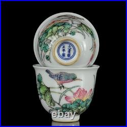 A Pair Chinese Pastel Porcelain Hand Painted Exquisite Flower and Bird Cups 2162 A Pair Chinese Pastel Porcelain Hand Painted Exquisite Flower and Bird Cups 2162