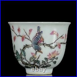 A Pair Chinese Pastel Porcelain Hand Painted Flower and Bird Pattern Cups 20391