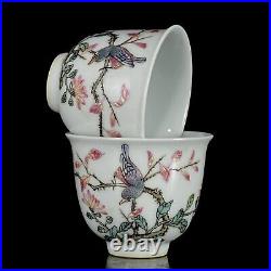A Pair Chinese Pastel Porcelain Hand Painted Flower and Bird Pattern Cups 20391