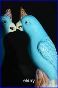 A Pair of Antique Chinese Qianlong Period Blue porcelain parrot figures