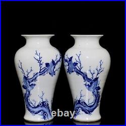 A pair Blue and white Porcelain Handmade Handpainted Flowers Birds Vases 70047