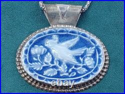 Amazing statement Artist Sterling Silver Necklace blue porcelain bird pendant