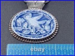 Amazing statement Artist Sterling Silver Necklace blue porcelain bird pendant
