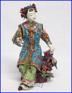 Ancient Chinese Wucai Porcelain Pottery Figurine Statue Oriental Lady Girl Birds