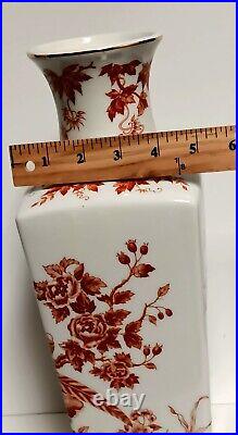 Andrea By Sadek Red Transferware Porcelain Bird Butterfly Flower Vase 14.5 X 5