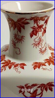 Andrea By Sadek Red Transferware Porcelain Bird Butterfly Flower Vase 14.5 X 5