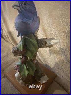 Andrea by Sadek Blue Bird Figurine on Branch w Berries Porcelain 8405Grosbeak