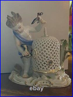 Antique 19th C Meissen porcelain figure cherub bird cage 5.25