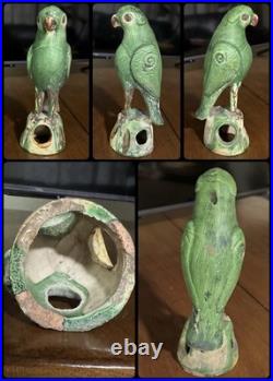 Antique 19th Century Chinese Glazed Green Parrot Pottery- FREE SHIPPING