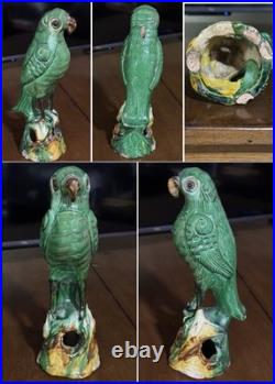 Antique 19th Century Chinese Glazed Green Parrot Pottery- FREE SHIPPING