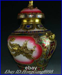 Antique China Porcelain Gilt Inlay Gem Dynasty Dragon Phoenix Lids Pot Jar Crock