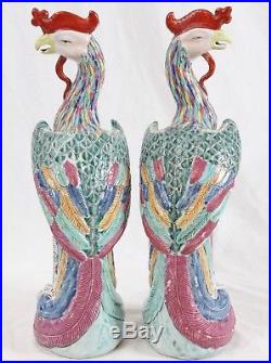 Antique Chinese 13.5 Porcelain Bird Figurines Phoenix Statue Famille Rose