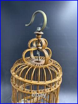 Antique Chinese Carved Bamboo Bird Cage Porcelain Feeder