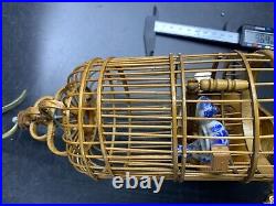 Antique Chinese Carved Bamboo Bird Cage Porcelain Feeder