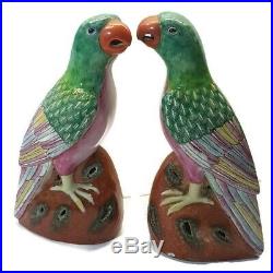 Antique Chinese Export Famille Rose Pair Enameled Porcelain Parrots Birds c. 1900