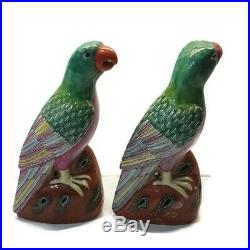 Antique Chinese Export Famille Rose Pair Enameled Porcelain Parrots Birds c. 1900