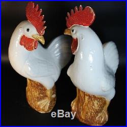 Antique Chinese Export Porcelain Birds Roosters Pair White Glaze Qing/Republic