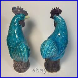 Antique Chinese Export Porcelain Roosters Blue Turqouise Purple Glaze Qing Birds