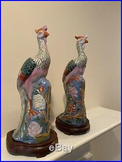 Antique Chinese Famille Rose Enameled Porcelain Phoenix Bird Figure Statues