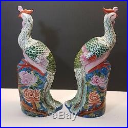 Antique Chinese Famille Rose Enameled Porcelain Phoenix Bird Figure Statues