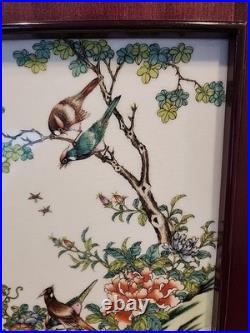 Antique Chinese Famille Rose Hand Painted Birds And Flowers Porcelain Plaque