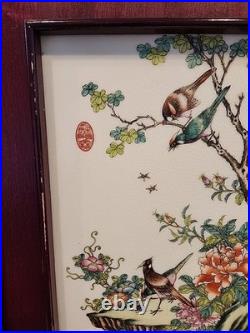 Antique Chinese Famille Rose Hand Painted Birds And Flowers Porcelain Plaque