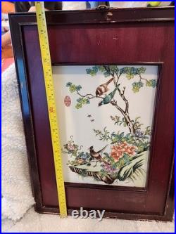 Antique Chinese Famille Rose Hand Painted Birds And Flowers Porcelain Plaque