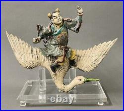 Antique Chinese Polychrome Porcelain Roof Tile Warrior Riding A Crane with Stand