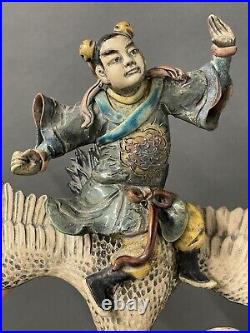 Antique Chinese Polychrome Porcelain Roof Tile Warrior Riding A Crane with Stand
