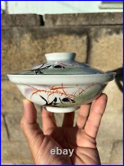 Antique Chinese Porcelain Bowl + Lid UNUSUAL PATTERN Cormorant Fishing Birds