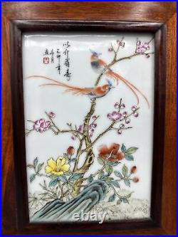 Antique Chinese Porcelain Framed Famille Rose Plaque of Birds