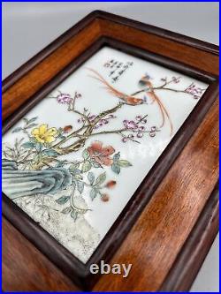 Antique Chinese Porcelain Framed Famille Rose Plaque of Birds