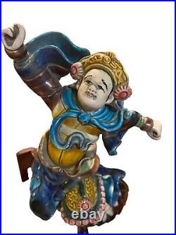 Antique Chinese Roof Tile Warrior riding a Crane Bird Figurine With Stand