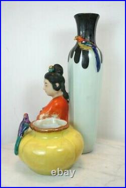 Antique Chinese Sitting Guanyin Figure Birds Vase Censer Porcelain Pottery RARE