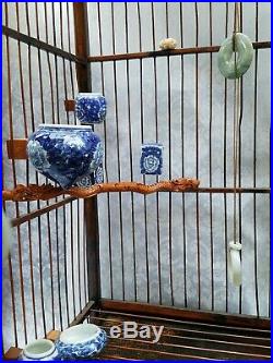Antique Chinese Wood Bamboo Carved Dragons & Porcelain Dishes & Jade Birdcage