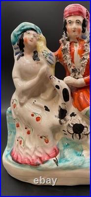 Antique English Staffordshire, Hand-Painted Pottery. Man, Woman with Dog & Bird