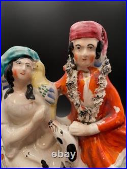 Antique English Staffordshire, Hand-Painted Pottery. Man, Woman with Dog & Bird