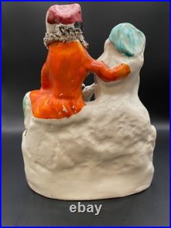 Antique English Staffordshire, Hand-Painted Pottery. Man, Woman with Dog & Bird