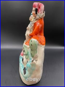 Antique English Staffordshire, Hand-Painted Pottery. Man, Woman with Dog & Bird